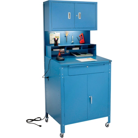 Global Industrial Mobile Cabinet Shop Desk w/ Upper Cabinet, 34-1/2inW x 30inD, Blue 249692CBL